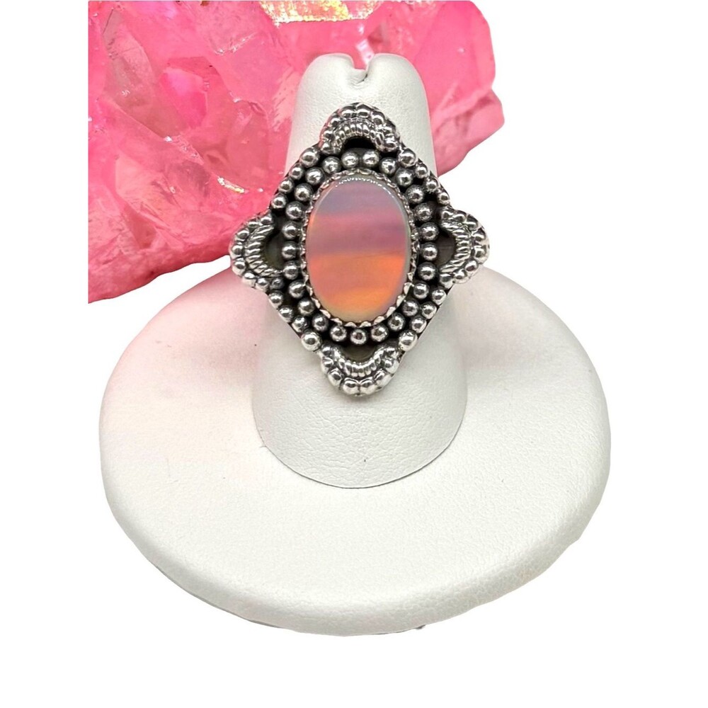 Aurora Fire Opal Ring Size 7 Solid 925 Sterling Silver Pink Aura Stone